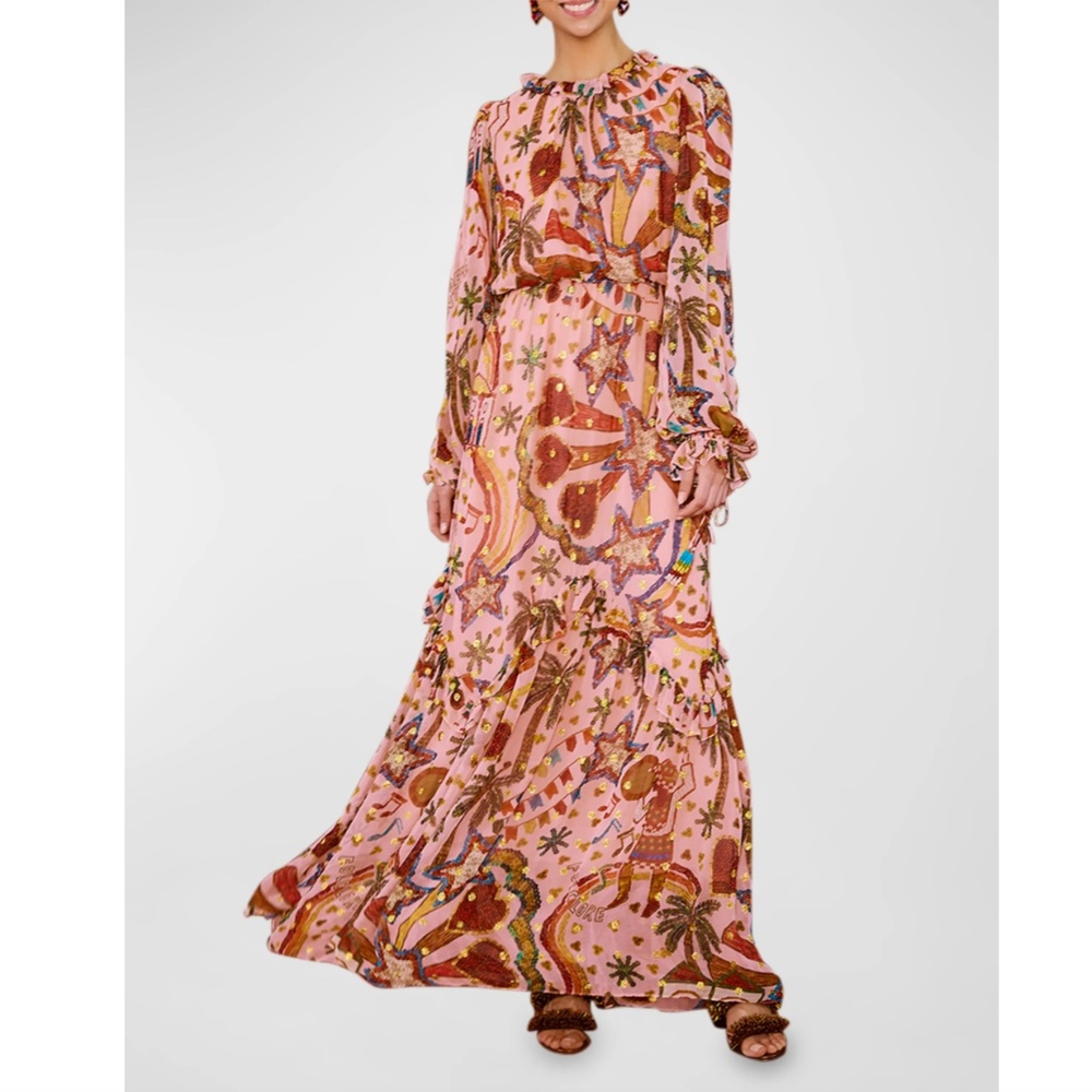 NWT $395 Farm Rio Pink Folk Party Maxi Dress!